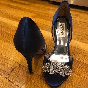 Badgley Mischka blue satin pumps with crystals